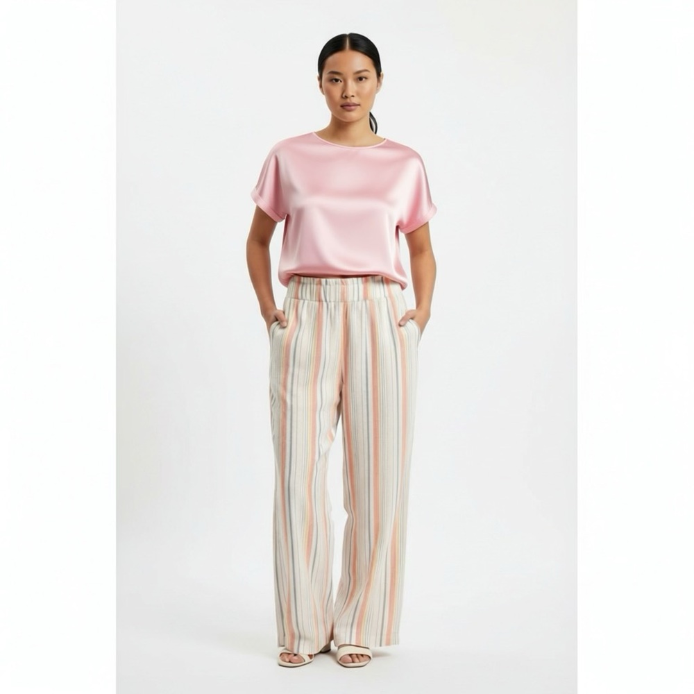 RAFAELLA Striped‎ Linen Blend Wide Leg Waist Pants High Waist Warm  Styling 1XL